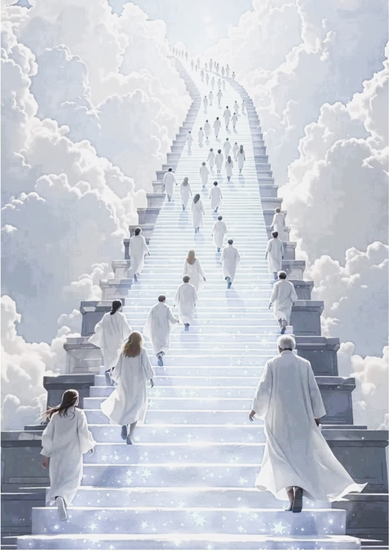 Scala luminosa tra le nuvole con persone che salgono